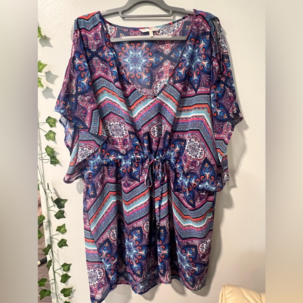 Flowy Geometric Cinched Waist High-Low coverup